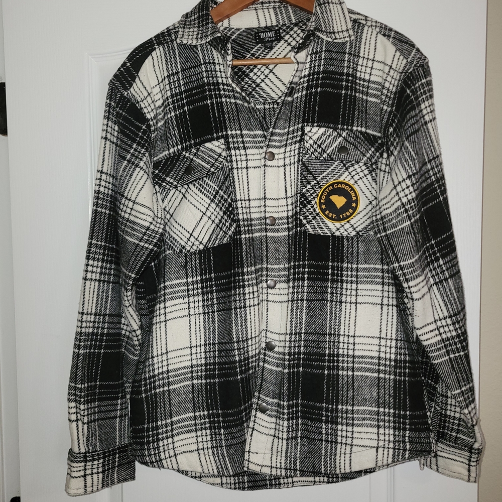 Home Free Heavy Flannel Shirt Jacket Black White Plaid Men’s